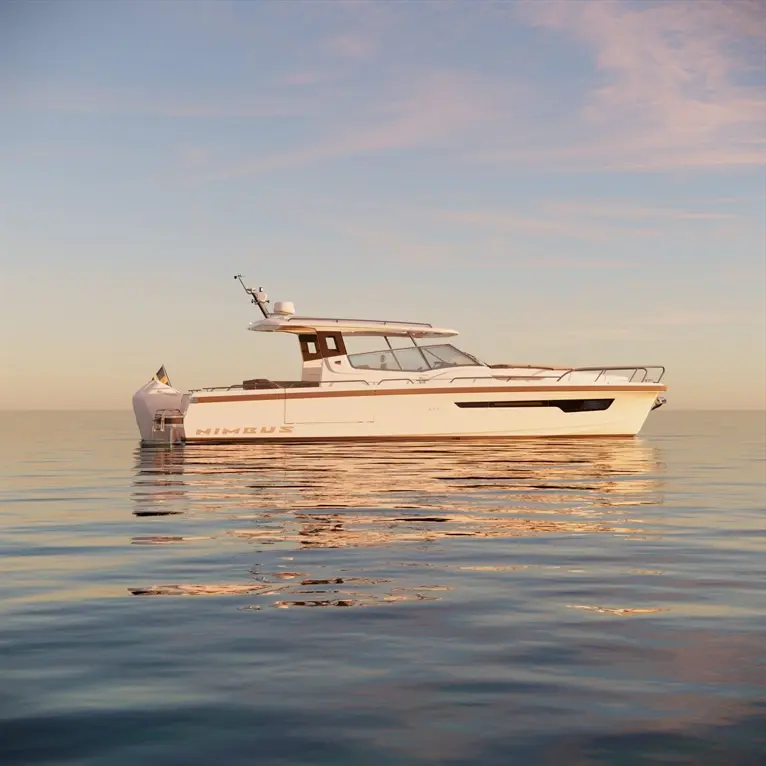 A sleek white Nimbus boat floats on calm waters under a pastel sky, reflecting soft light on the surface.